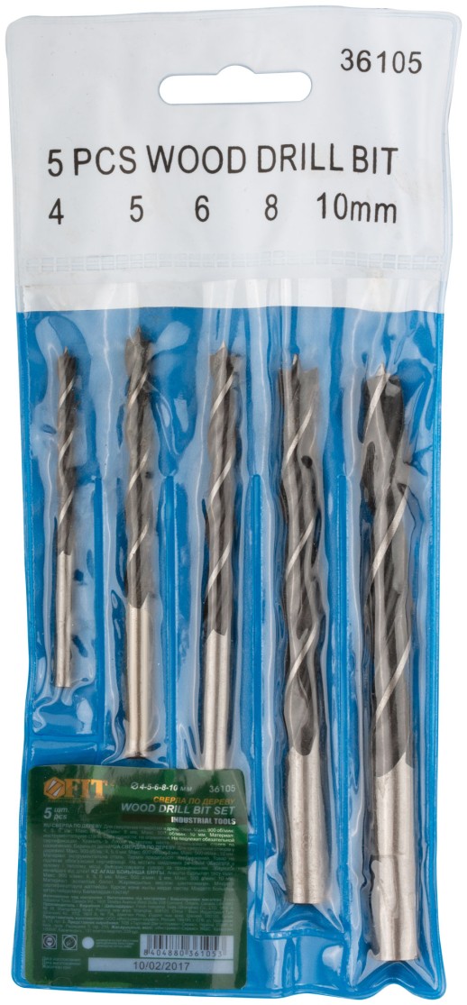 Набор сверл по дереву, ПВХ конверт, 5 шт.(4-5-6-8-10 мм)