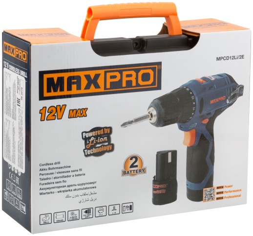 MAX-PRO Дрель-Шуруповерт аккумуляторная 12 В; 0-350/0-1300об/мин; 10мм; 26Нм; 2 батареи (Li-Ion) х1,3Ач; 17+1; 1ч.; регулировка оборотов; резиновые вс