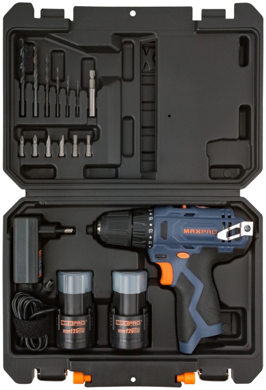 MAX-PRO Дрель-Шуруповерт аккумуляторная 12 В; 0-350/0-1300об/мин; 10мм; 26Нм; 2 батареи (Li-Ion) х1,3Ач; 17+1; 1ч.; регулировка оборотов; резиновые вс