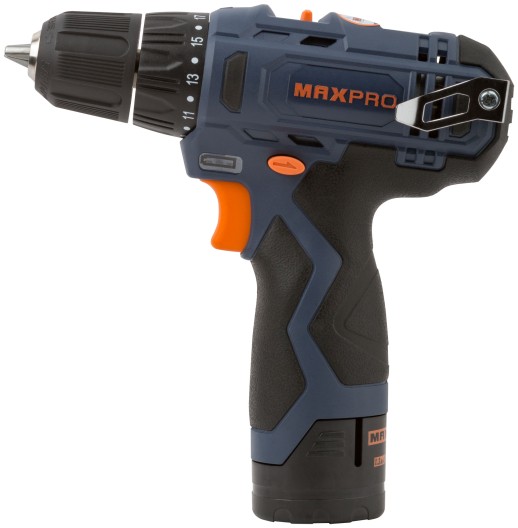 MAX-PRO Дрель-Шуруповерт аккумуляторная 12 В; 0-350/0-1300об/мин; 10мм; 26Нм; 2 батареи (Li-Ion) х1,3Ач; 17+1; 1ч.; регулировка оборотов; резиновые вс