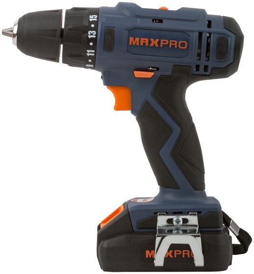 MAX-PRO Дрель-Шуруповерт аккумуляторная 18 В; 0-350/0-1250об/мин; 10мм; 30Нм; 2 батареи (Li-Ion) х1,5Ач; 15+1; 1ч.; регулировка оборотов; резиновые вс