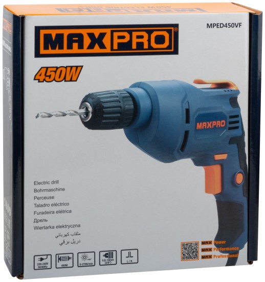 MAX-PRO Дрель электрическая 450 Вт; 0-2700 об/мин; быстрозажимной патрон 0,8-10 мм; 1,1 кг; резиновые вставки; кор.