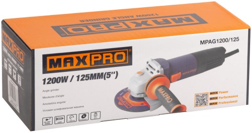 MAX-PRO Шлифмашина угловая 1200 Вт; 11500 об/мин; быстрозажимной кожух 125 мм; антивибрационная ручка; дополнительные щетки; 2,2 кг; кор.