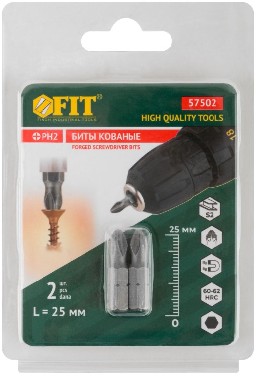 Биты кованые, сталь S2, односторонние 25 мм PH2, Профи 2 шт., блистер