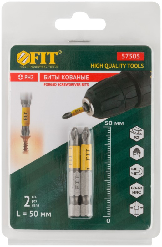 Биты кованые, сталь S2, односторонние 50 мм PH2, Профи 2 шт., блистер