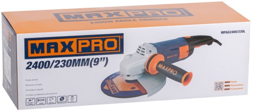 MAX-PRO Шлифмашина угловая 2400 Вт; 6000об/мин; быстрозажимной кожух 230мм; антивибрационная ручка; дополнительные щетки; плавный пуск; поворотная рук