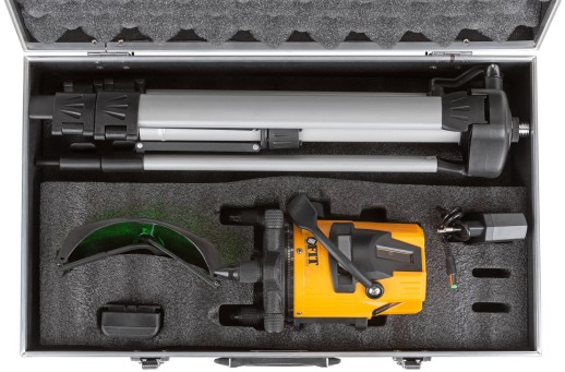 Уровень лазерный самоуспокаивающийся, зеленые лучи, горизонталь + 4 вертикали, диапазон 20 м, Li-Ion аккум., 2 уровня яркости, тренога, алюминиевый ке