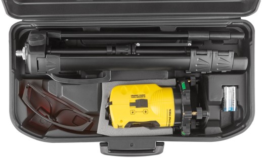 Уровень лазерный самоуспокаивающийся, красные лучи, крест, диапазон 10 м, тренога, очки, пластиковый кейс