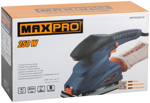 MAX-PRO Шлифмашина вибрационная 250 Вт; 6000-11000об/мин; 90x187мм; 1,7 кг; алюминиевая опора; зажим; резиновые вставки; кор.