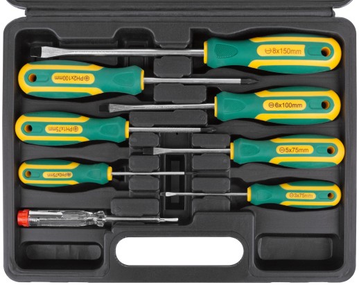 Отвертки "Контур", CrV сталь, прорезиненные ручки, магнитный наконечник, пластиковый кейс, набор 8 шт.