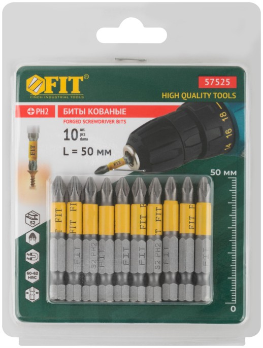 Биты кованые, сталь S2, односторонние 50 мм PH2, Профи 10 шт., блистер
