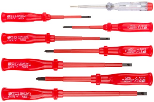 Отвертки изолированные 1000 В, CrV сталь, пластик. ручки, пластиковый кейс, набор 8 шт.+ 1 индикаторная