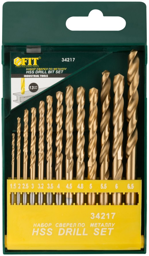 Набор сверл HSS по металлу, титановое покрытие, 13 шт. (1,5-2-2,5-3-3,2-3,5-4-4,5-4,8-5-5,5-6-6,5 мм)