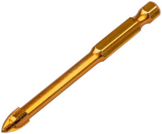 Сверло по кафелю, 4 режущие кромки, титановое покрытие, U-хвостовик под биту 6х74 мм