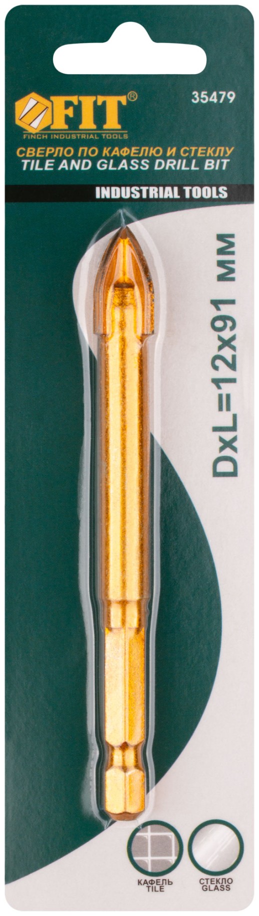 Сверло по кафелю, 4 режущие кромки, титановое покрытие, U-хвостовик под биту 12х91 мм