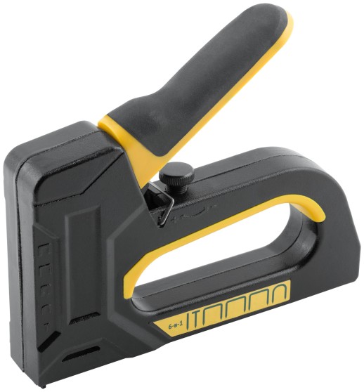 Степлер 6-в-1 для скоб "тип 53","тип 53F", "тип 140", "тип 28", "тип 300", "тип 500" , 4-14 мм, с регулировкой силы удара, рессорный механизм, алюмини