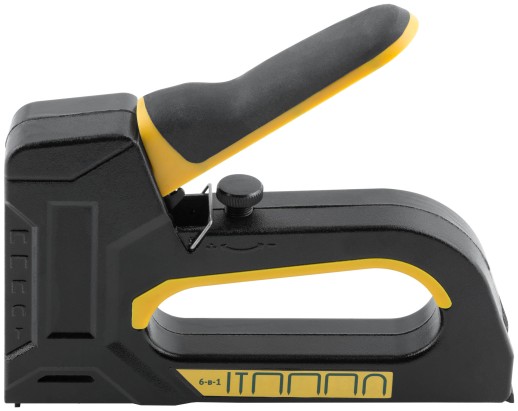 Степлер 6-в-1 для скоб "тип 53","тип 53F", "тип 140", "тип 28", "тип 300", "тип 500" , 4-14 мм, с регулировкой силы удара, рессорный механизм, алюмини