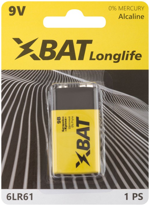 Батарейка щелочная, 9 В, тип "Крона", 1 шт.