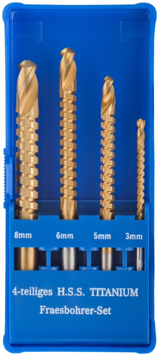 Сверла-фрезы универсальные титановое покрытие, набор 4 шт. (3; 5; 6; 8 мм)