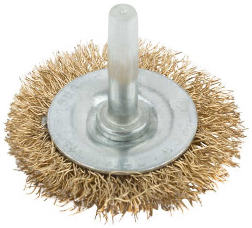 Корщетка, тип "колесо", со штифтом, стальная латунированная волнистая проволока  50 мм