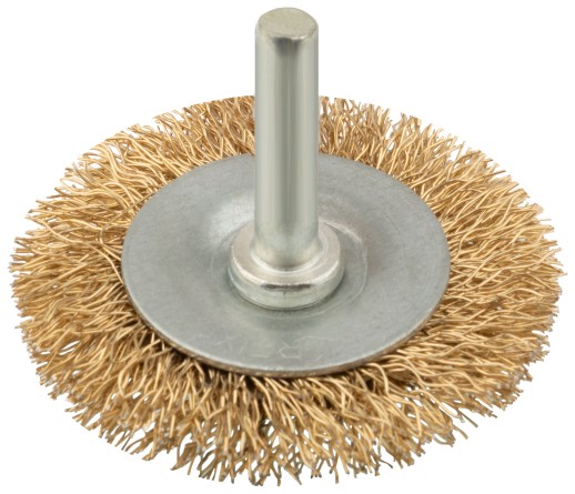 Корщетка, тип "колесо", со штифтом, стальная латунированная волнистая проволока  50 мм