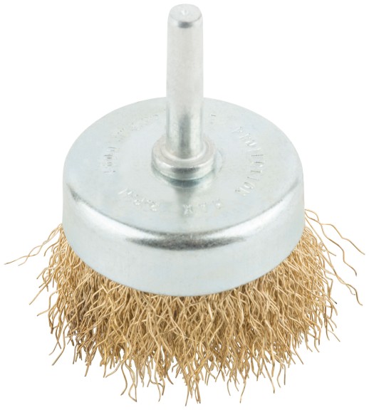 Корщетка, тип "чашка", со штифтом, стальная латунированная волнистая проволока  50 мм