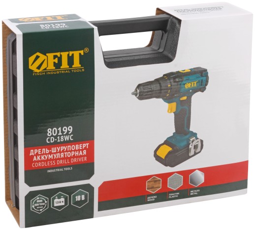 Дрель-Шуруповерт акк. 18,0 В; 0-450/1550 об/мин; 29,0 Нм; 2 (Li-Ion) 1,3 Ач; 1,5 ч.; рез. накл.; кейс