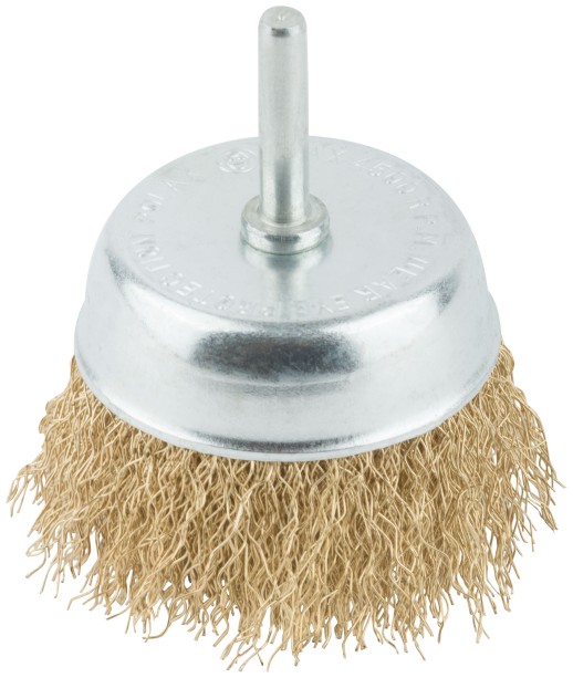 Корщетка, тип "чашка", со штифтом, стальная латунированная волнистая проволока 75 мм