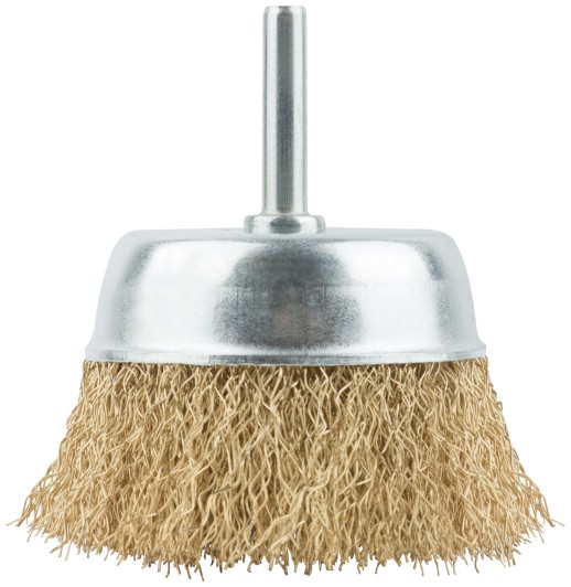 Корщетка, тип "чашка", со штифтом, стальная латунированная волнистая проволока 75 мм